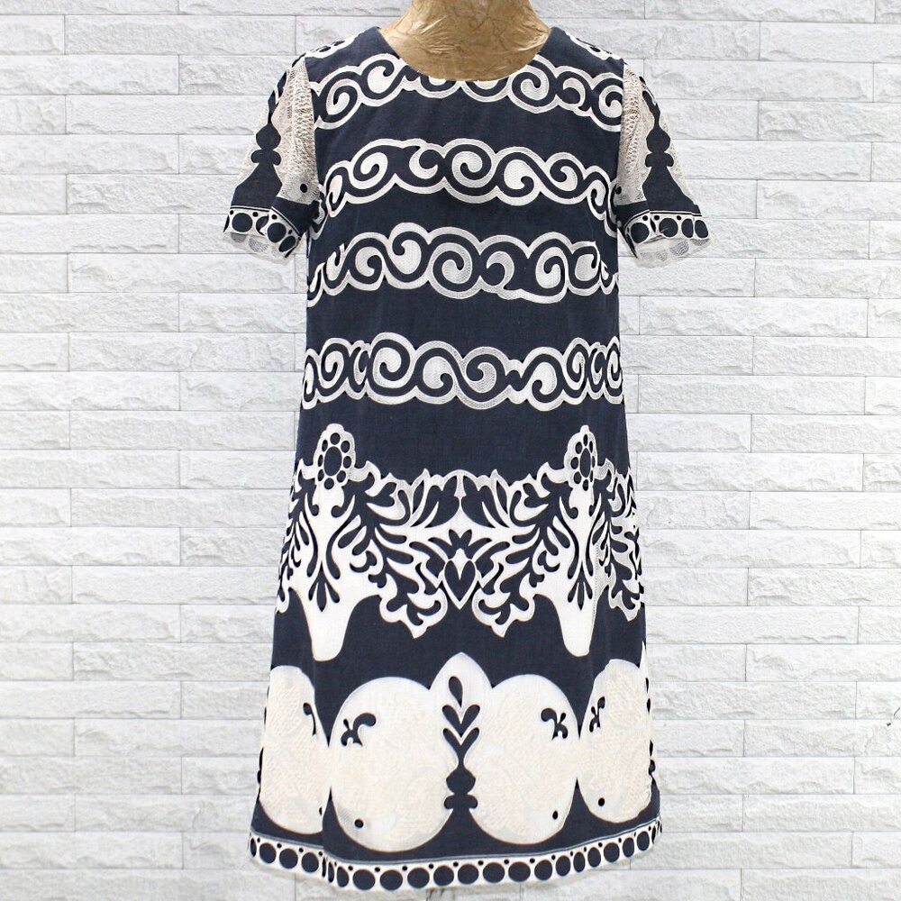J. CREW Tall India Dress Summer Swirl Stripe Navy Blue Cream Lace Abstract 6